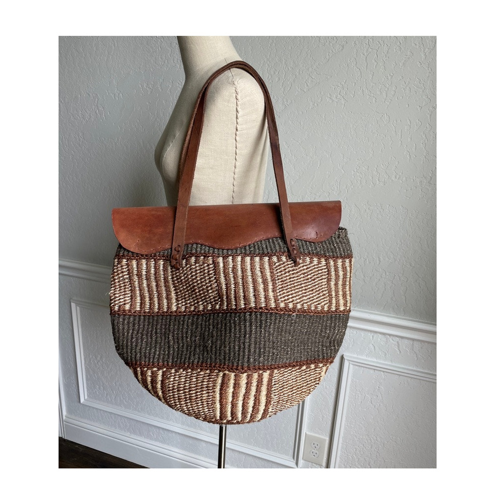 Vintage Large Sisal Woven Tote Leather Trim Market Bag Rare Boho - Picture 6 of 13